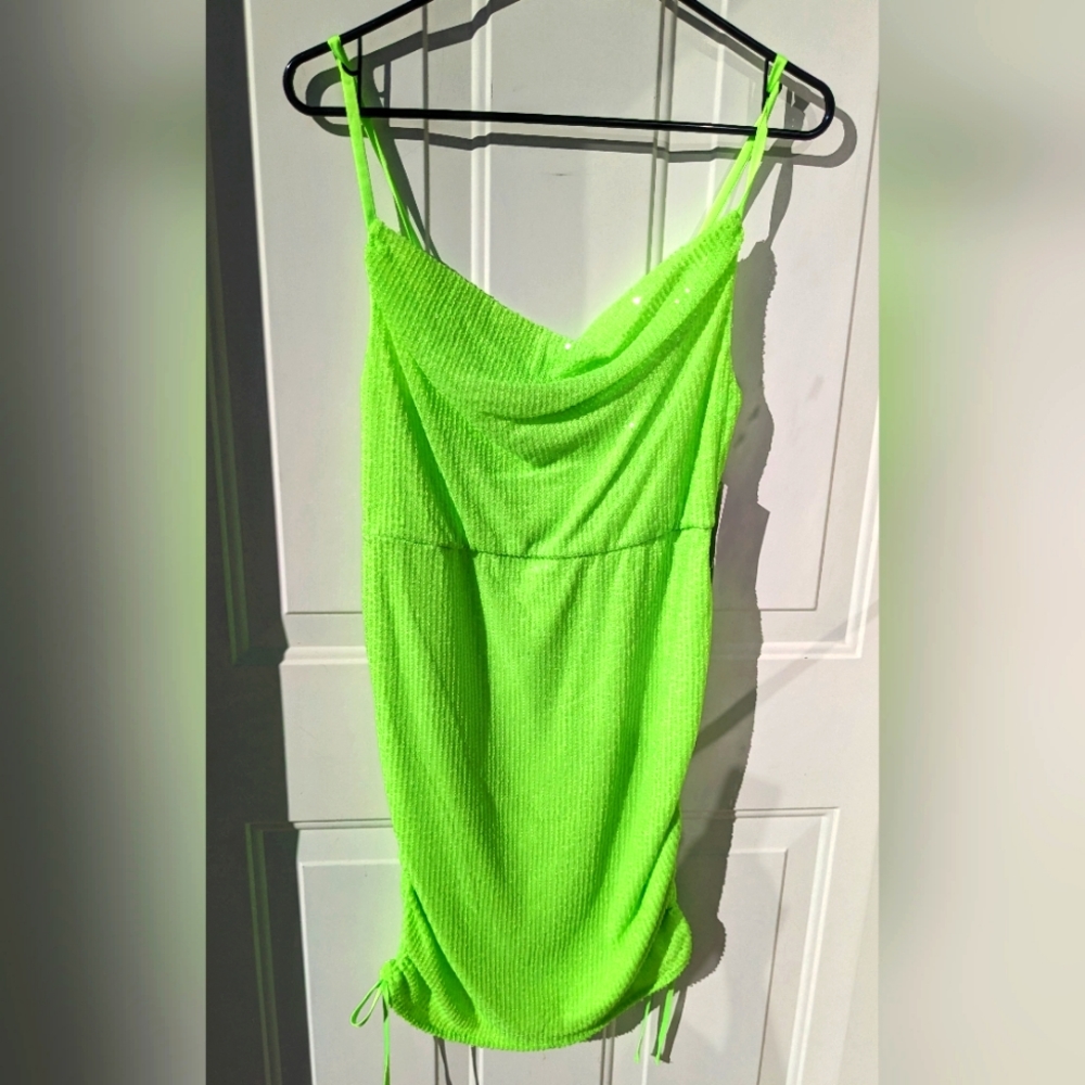Wild Fable Lime Green Sequin Lined Mini Dress, Cruise, Party Dress! Medium, NWT